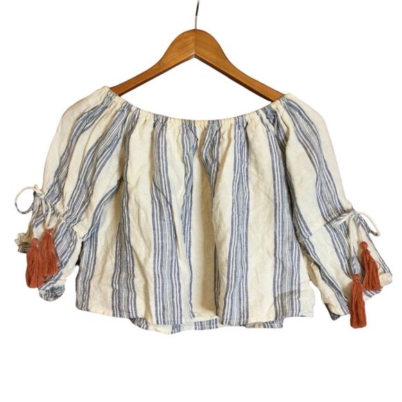 Tularosa Women Striped Off Shoulder Linen Tassel Blouse Top 3/4 Sleeve SZ Small - Picture 2 of 10